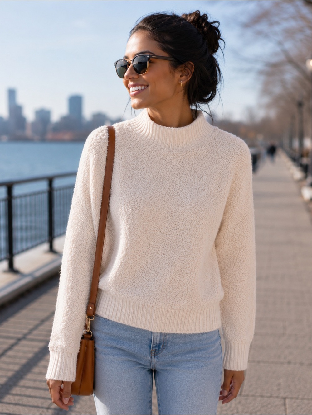 Cozy Cream Loop-Textured Turtleneck Sweater